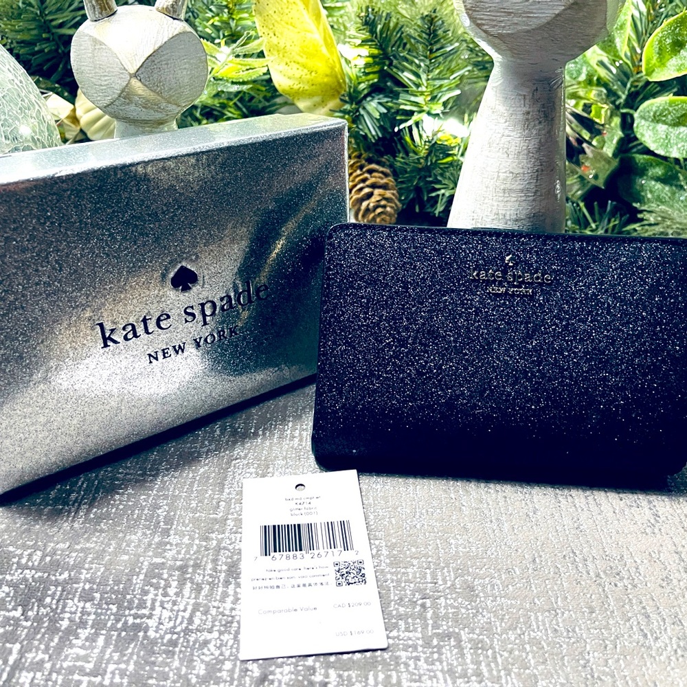 NWT Kate Spade Boxes Med Compact Bifold Wallet Black Glitter w/box FREE SHIPPING